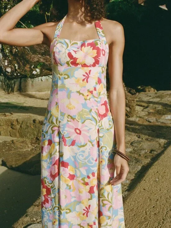 Zara Printed Linen Blend Midi Dress Halter Neck Floral Summer Beachy Size M - Picture 4 of 12